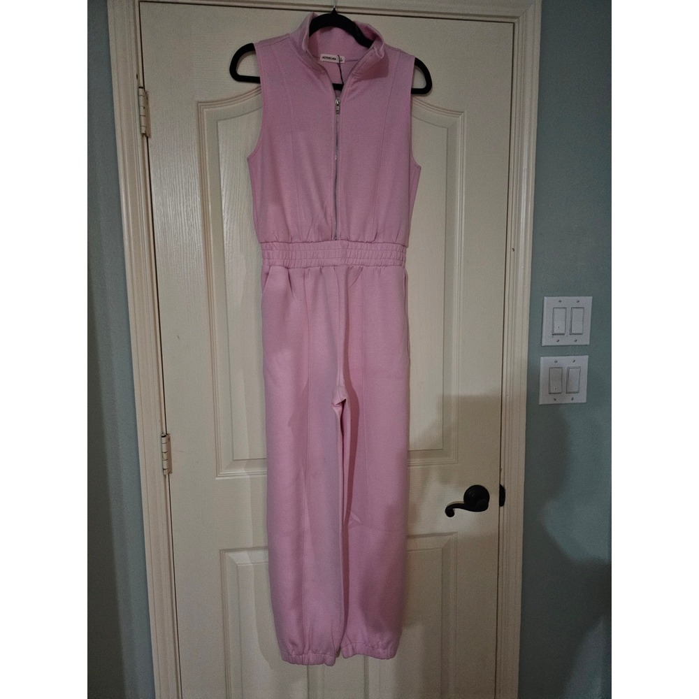Active USA Women Pale Pink Sleeveless Mock Neck Zip Up Jogger Jumpsuit Small NWT
